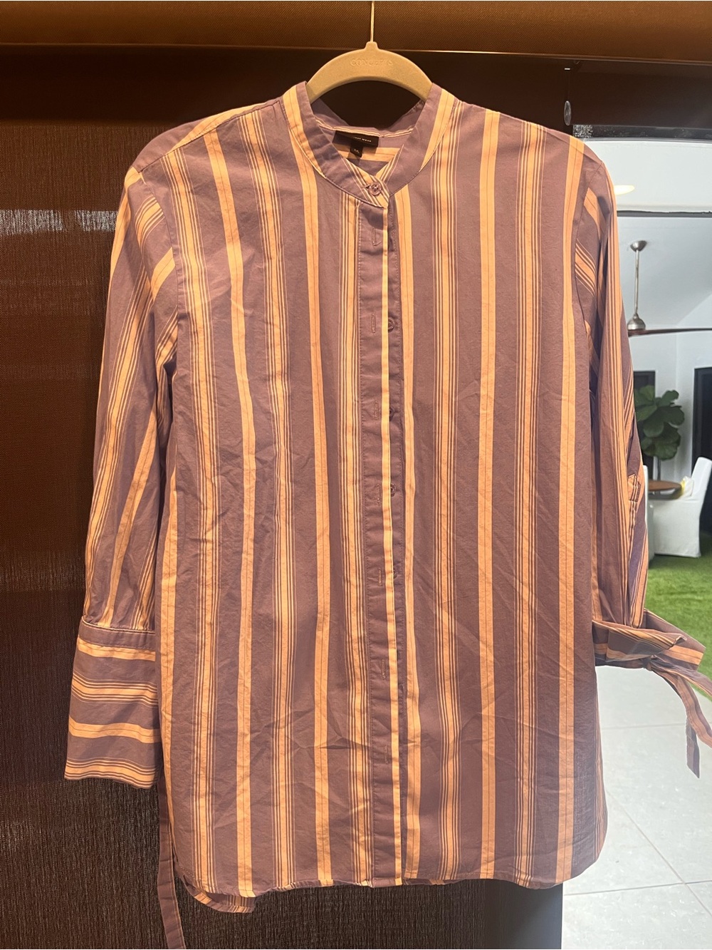 Who What Wear blue and white Striped Band-Collar Shirt